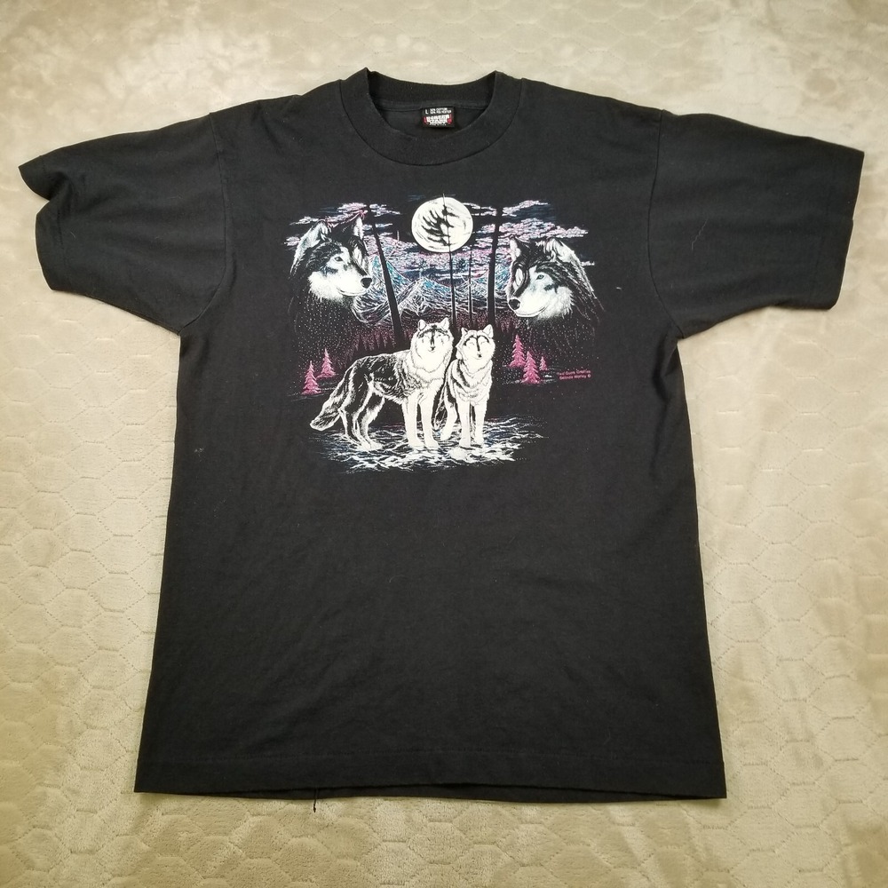 VTG 1991 Belinda Worley Two Guns Grafixs Wolf Nature Shirt Sz Lg Screen Stars